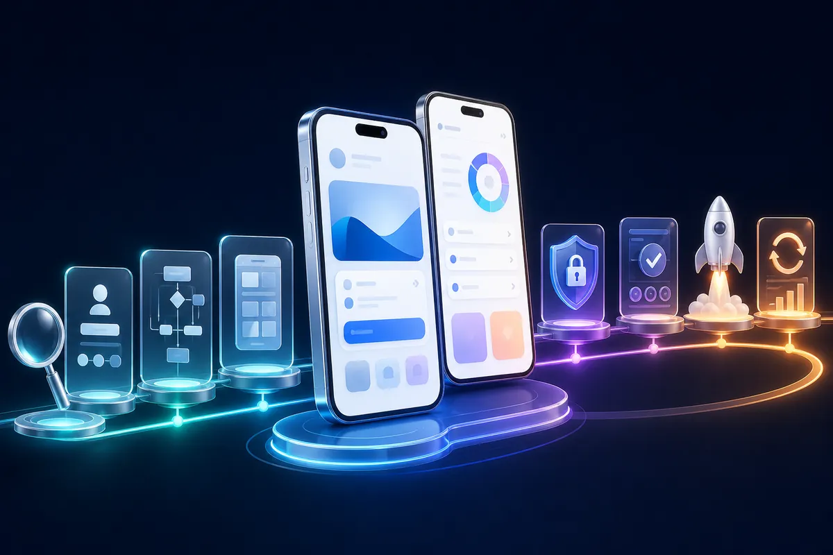 Bright mobile app product journey from discovery and user flows to security, testing, release and improvement