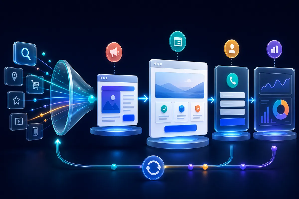 Bright paid search campaign journey from high-intent discovery and landing page to qualified enquiry and measurement