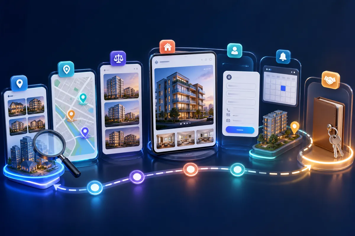 Real estate buyer journey from property discovery and comparison to enquiry, site visit and sales handoff