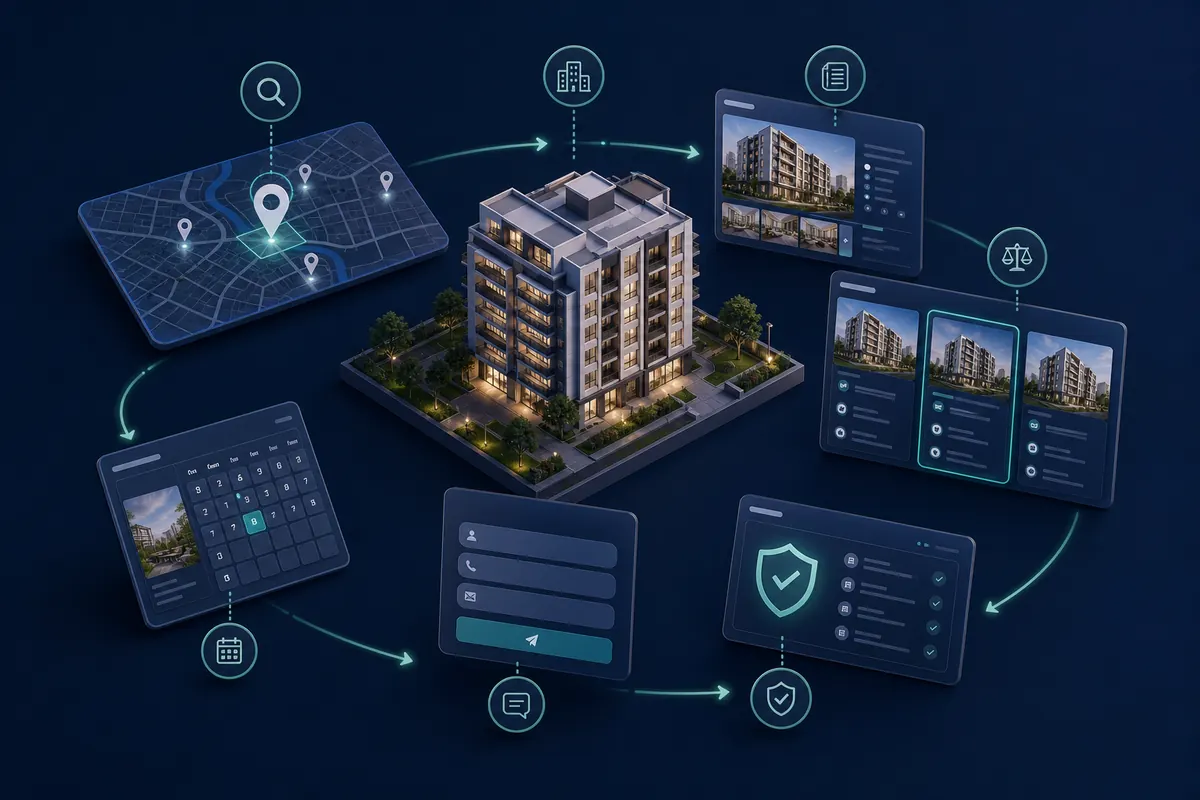 Real estate buyer journey from local discovery and project comparison to enquiry and site visit