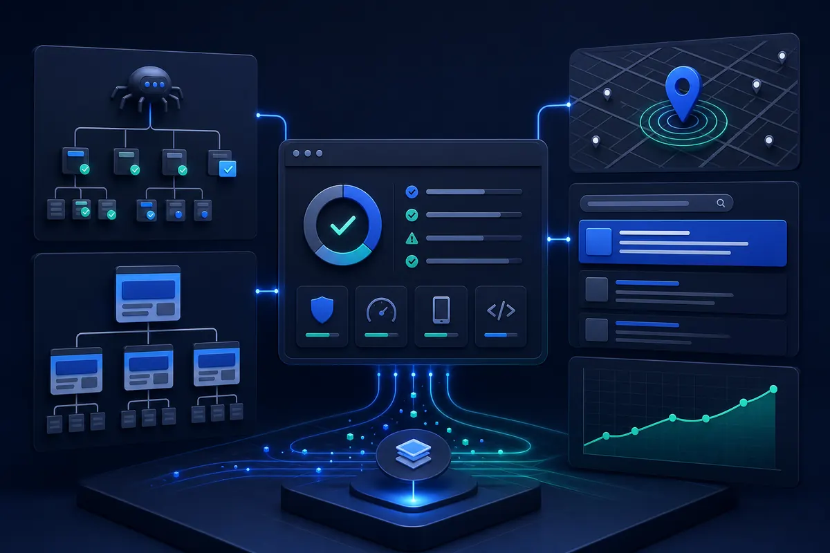 SEO system connecting technical auditing, site structure, local discovery and search visibility