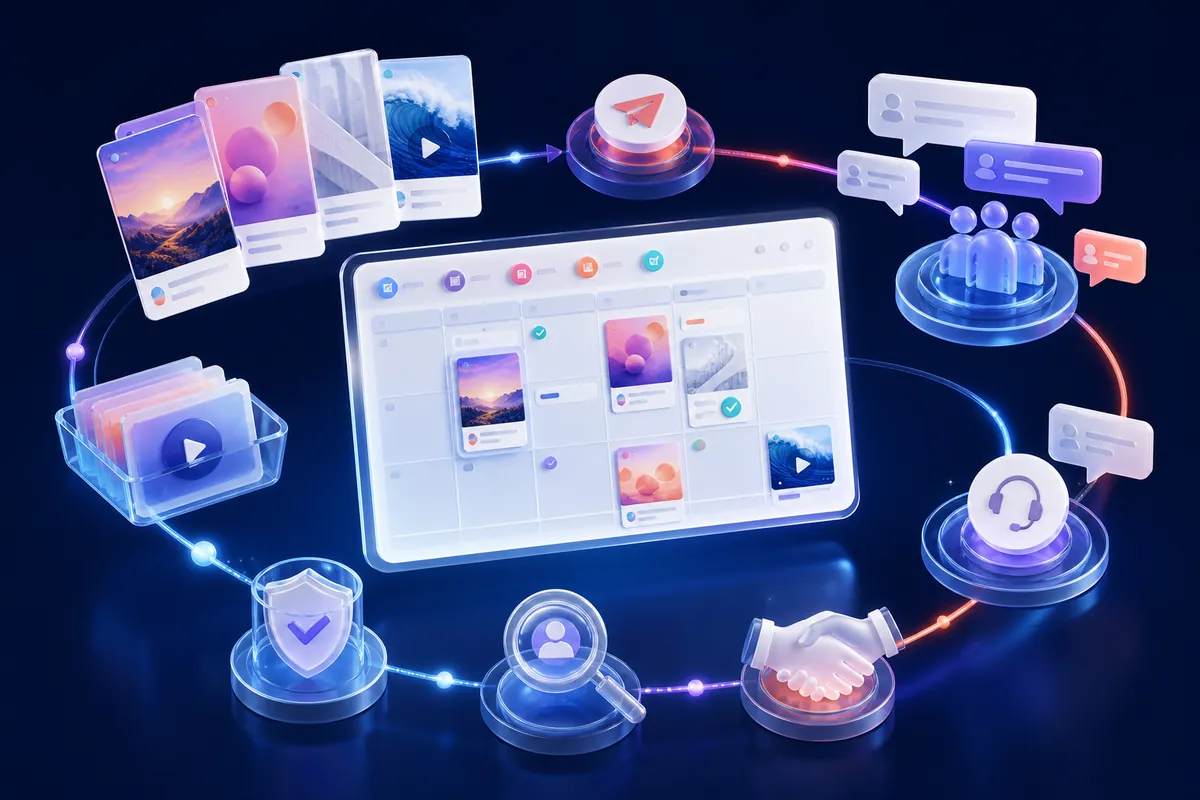 Bright social media content system connecting planning, publishing, community conversations and enquiries