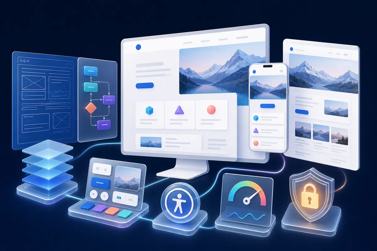 Bright website development system connecting planning, responsive interfaces, accessibility, performance and security